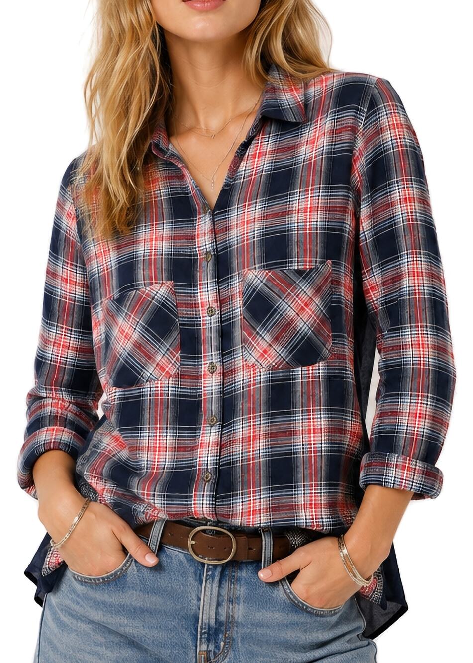 Free People Plaid Flannel Shirt XS Navy Red High Low Hem‎ Boho Western